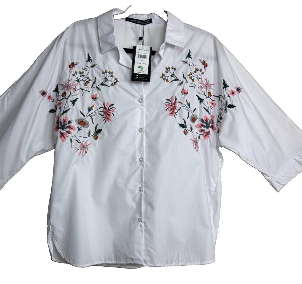 Haute Rogue Women's White Floral Embroidered Button Down Top 3/4 Sleeve Medium